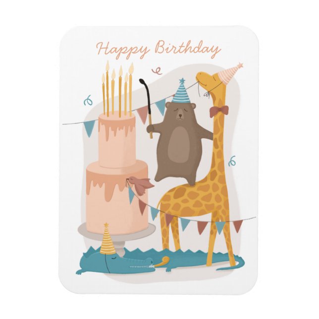 Ímã Feliz aniversário. Bons animais. Girafa de urso en (Vertical)