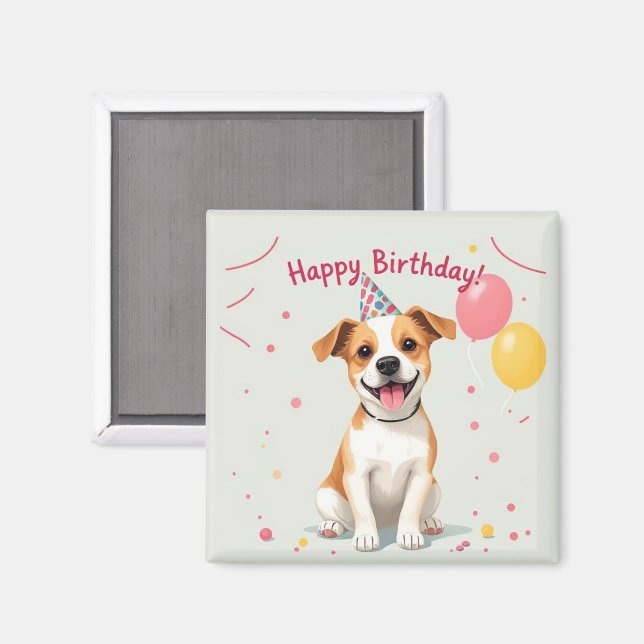 Imã Feliz Aniversário Cachorro com Chapéu de Festa e B (Front/Back)