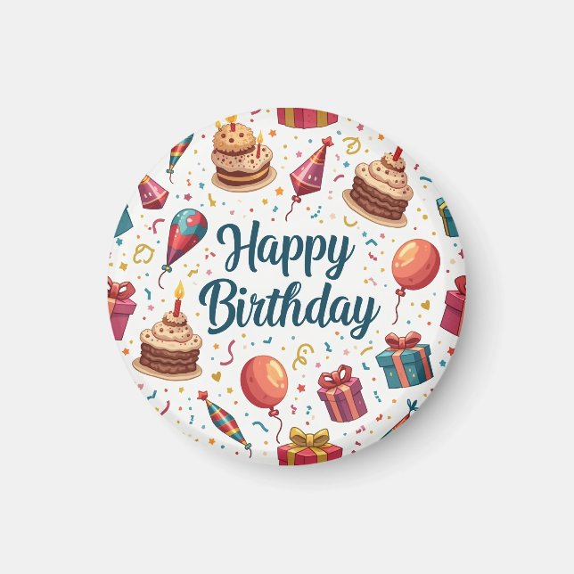 Imã Feliz Aniversário com Balões e Bolo (Frente)