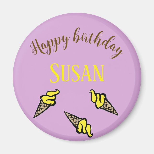 Imã Feliz aniversário de sorvete amarelo roxo (Frente)