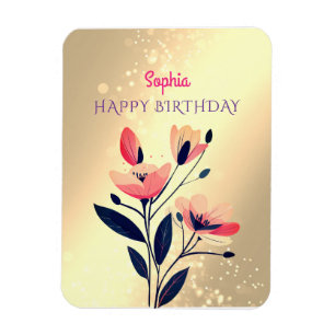 Ímã Feliz Aniversário, Nome, Flores em Dourado