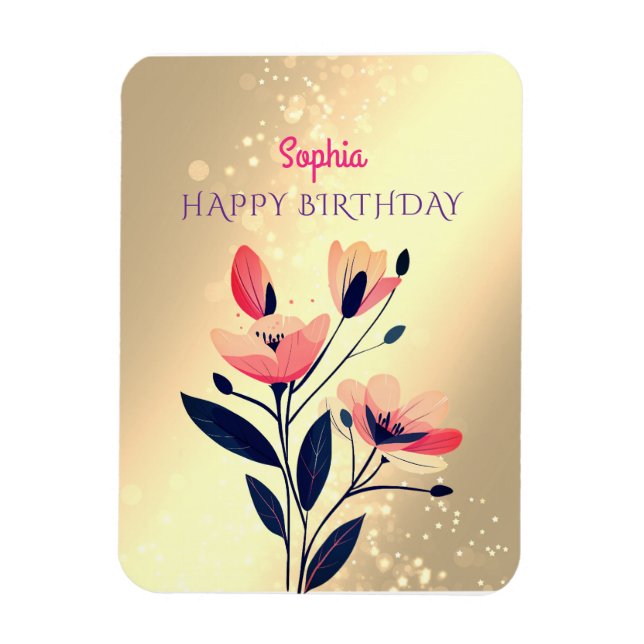 Ímã Feliz Aniversário, Nome, Flores em Dourado (Vertical)