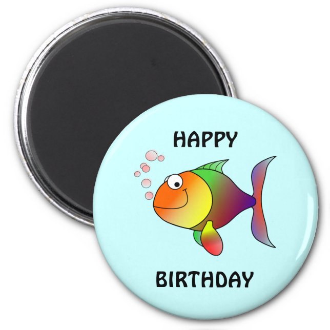 Imã FELIZ ANIVERSÁRIO, peixe de desenho colorido, botã (Frente)