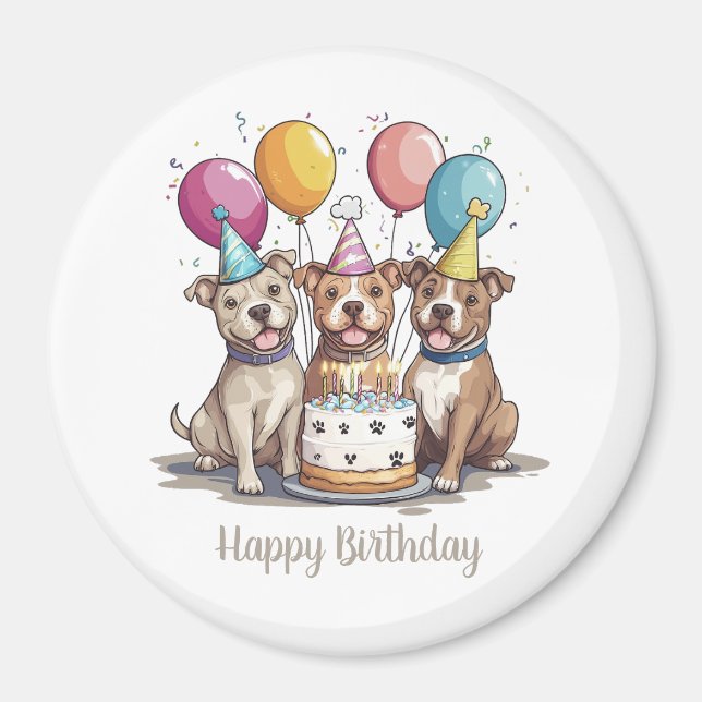 Imã Feliz Aniversário Pit Bull Cães (Frente)
