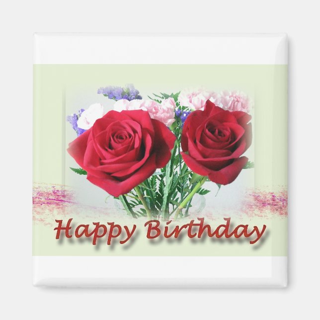 Imã Feliz Aniversário Rosa vermelha Floral (Frente)