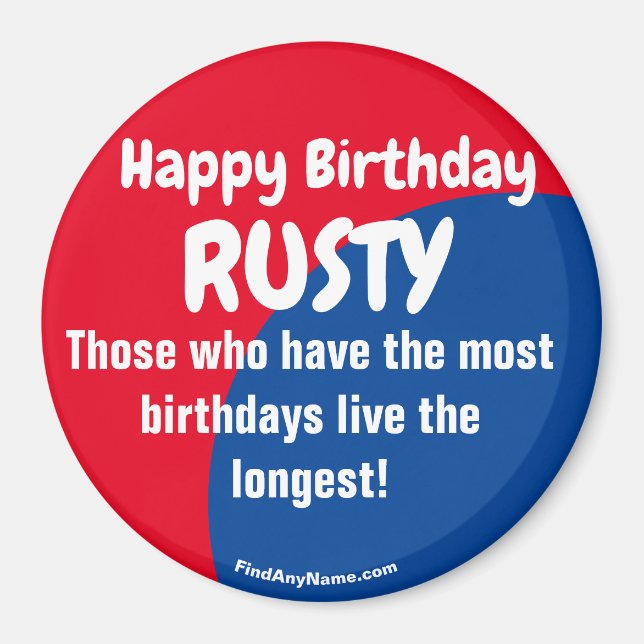Imã Feliz aniversário RUSTY vermelho/azul ímã (Frente)