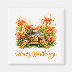 Imã Feliz Aniversário tartaruga Sulcata com Lírios Lar