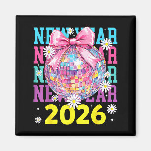 Imã Feliz Ano Novo 2026 Coquette Bow & Bola de Discote