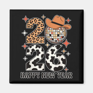 Imã Feliz Ano Novo 2026 Cowgirl Bola de Disco Ocidenta