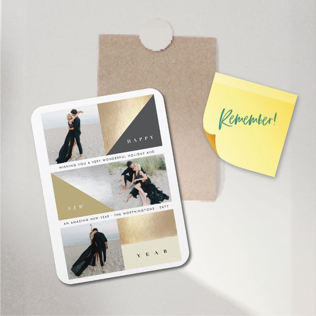 Ímã Feliz ano novo Gold Foil Blocks Na moda 3 Foto (Happy New Year Faux Gold / Silver Foil Simple Blocks Stylish 3 Photo Flexible Magnet @ fat_fa_tin)