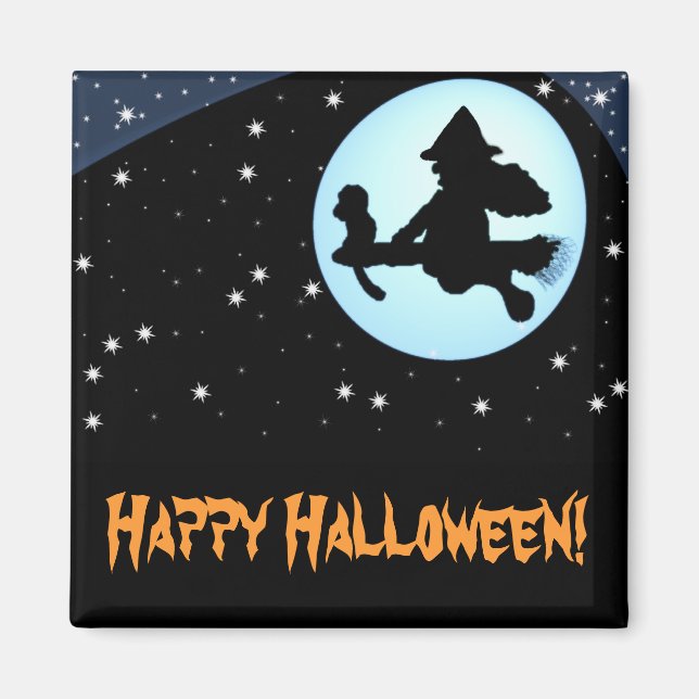 Imã Feliz Bruxa Voadora de Halloween e Magneta de Maca (Frente)