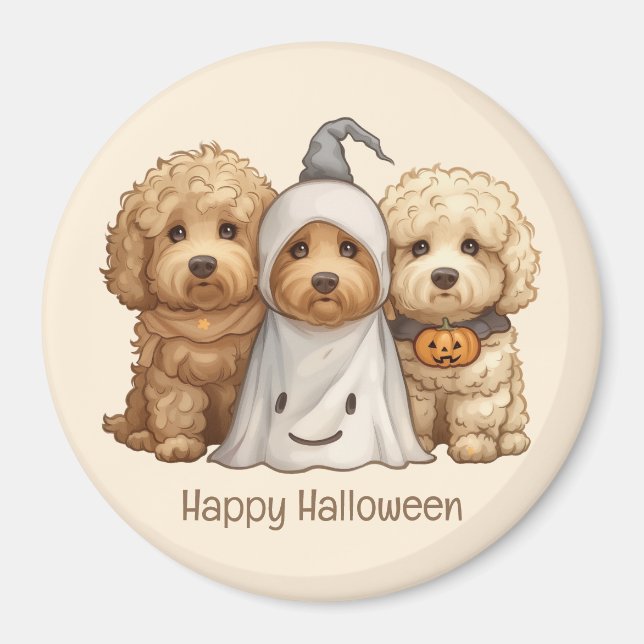 Imã Feliz Cachorro de Goldendoodle de Halloween (Frente)