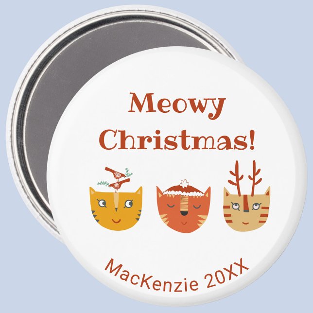 Imã Feliz Cat Personalizado Natal (Fun kitty cat Meowy Christmas personalized name year magnet)