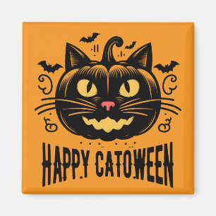 Imã Feliz Catoween Gato Preto Abóbora Rosto Halloween