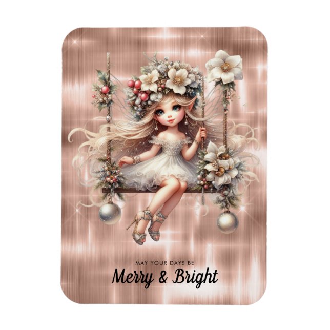 Ímã Feliz De Fada De Natal Branco E Brilho (Vertical)