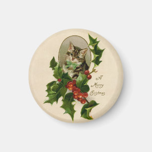Imã Feliz de Natal Holly Kitten Arte Antiquada