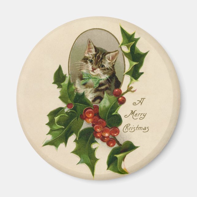 Imã Feliz de Natal Holly Kitten Arte Antiquada (Frente)