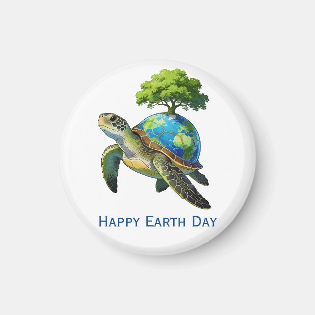 Imã Feliz Dia da Terra Planeta Tartaruga e Árvore (Frente)