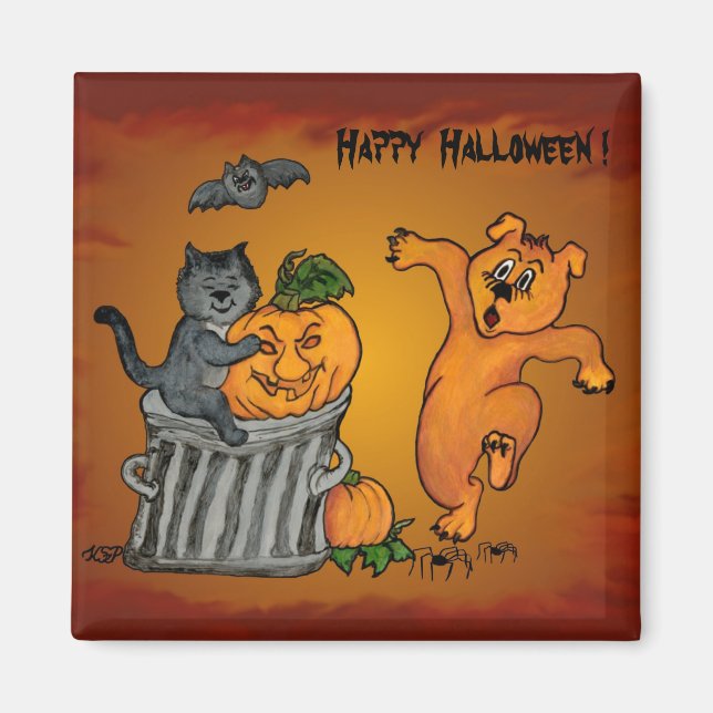 Imã Feliz Dia das Bruxas com Cachorro de Gato e Aranha (Frente)