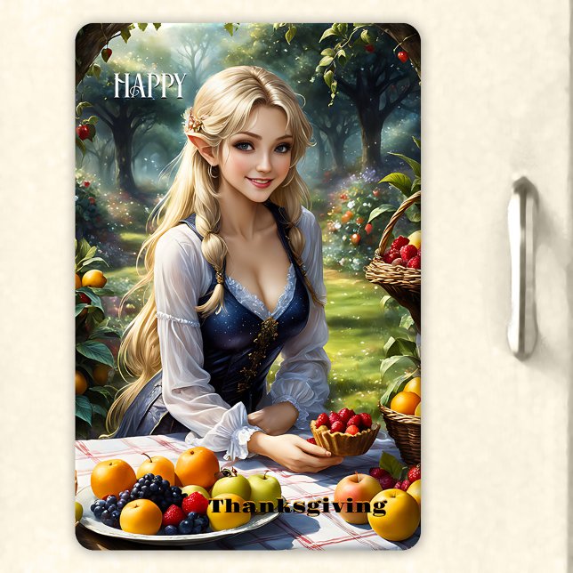 Ímã Feliz Dia de Ação de Graças da Fada (Flexible Thanksgiving magnet featuring a beautiful fairy in an enchanted garden with a fruit harvest)