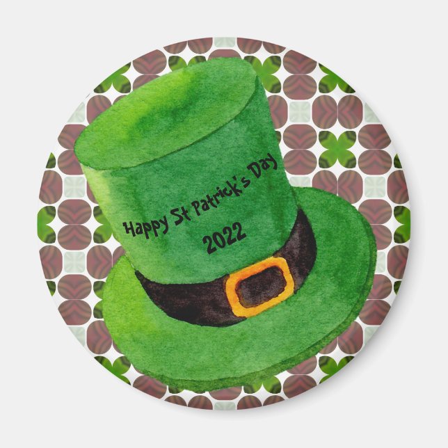 Imã Feliz Dia de São Patrício Leprechaun Hat Shamrock (Frente)