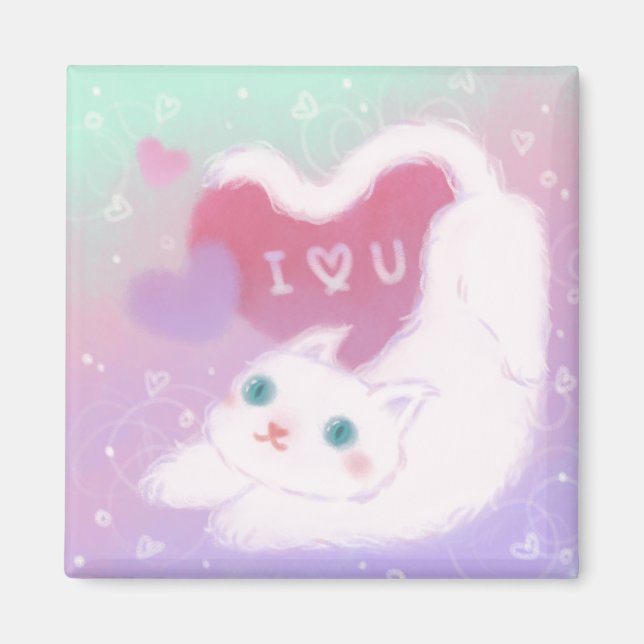 Imã Feliz Dia dos Namorados com Gato Branco Fofinho (Frente)
