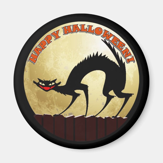 Imã Feliz Gato Negro de Halloween com Lua Cheia (Frente)