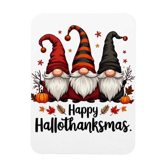 Ímã Feliz Hallothanksmas Halloween Xmas Gnomos (Vertical)