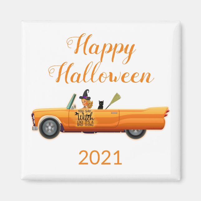Imã Feliz Halloween 2021, Orange Car Witch Magnet (Frente)