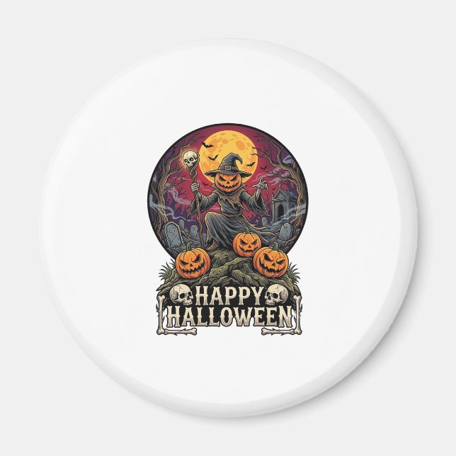 Imã Feliz Halloween Abóbora Mago Cemitério Lua Cheia (Frente)