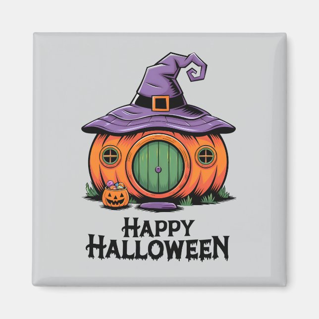 Imã Feliz Halloween Casa de Abóbora e Chapéu de Bruxa  (Frente)