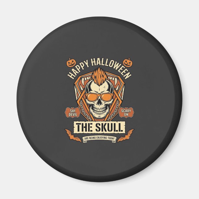 Imã Feliz Halloween Caveira Mohawk Óculos de Sol Abóbo (Frente)