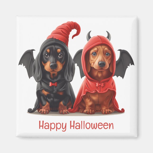 Imã Feliz Halloween Dachshund Dogs Devil Bat (Frente)