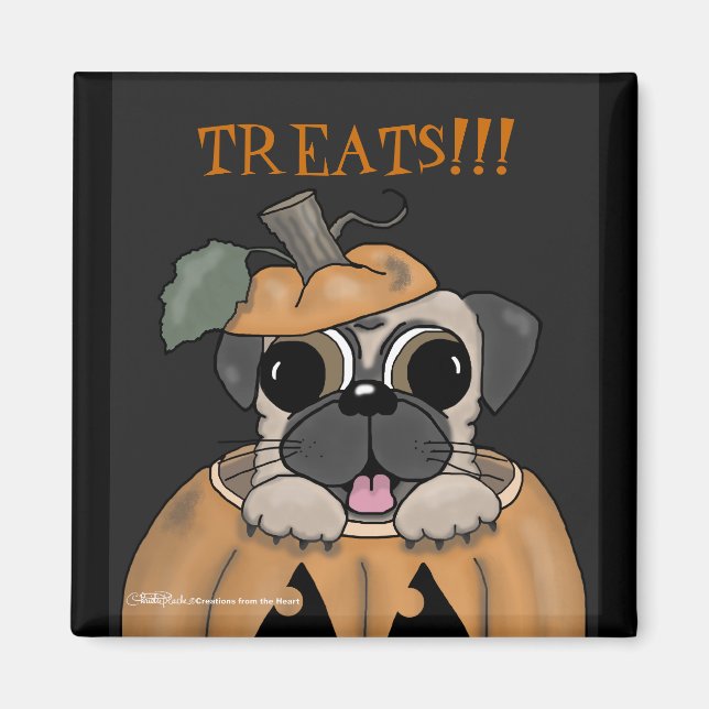 Imã Feliz Halloween-Pug em Jack O' Lanterna (Frente)
