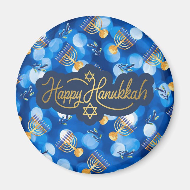 Imã Feliz Hanukkah Azul e Branco (Frente)