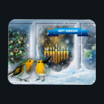 Ímã Feliz Hanukkah. Cena da Janela de Neve com Menorah<br><div class="desc">Feliz Hanukkah. Cena da Janela de Neve com Pássaros e Velas Menorah pintando anotações personalizáveis para presentes. Cartões e presentes disponíveis nas Férias Judaicas | Hanukkah Categoria da nossa loja.</div>