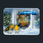 Ímã Feliz Hanukkah. Cena da Janela de Neve com Menorah<br><div class="desc">Feliz Hanukkah. Cena da Janela de Neve com Pássaros e Velas Menorah pintando anotações personalizáveis para presentes. Cartões e presentes disponíveis nas Férias Judaicas | Hanukkah Categoria da nossa loja.</div>