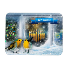 Ímã Feliz Hanukkah. Cena da Janela de Neve com Menorah