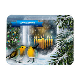 Ímã Feliz Hanukkah. Cena da Janela de Neve com Menorah