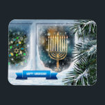 Ímã Feliz Hanukkah. Cena de Neve com Menorah<br><div class="desc">Feliz Hanukkah. Cena de Neve com Menorah Painting Gift Magnets personalizáveis. Cartões e presentes disponíveis nas Férias Judaicas | Hanukkah Categoria da nossa loja.</div>