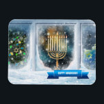 Ímã Feliz Hanukkah. Cena de Neve com Menorah<br><div class="desc">Feliz Hanukkah. Cena da Janela de Neve com Menorah Pintura de Gift Magnets personalizáveis. Cartões e presentes disponíveis nas Férias Judaicas | Hanukkah Categoria da nossa loja.</div>