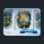 Ímã Feliz Hanukkah. Cena de Neve com Menorah<br><div class="desc">Feliz Hanukkah. Cena da Janela de Neve com Menorah Pintura de Gift Magnets personalizáveis. Cartões e presentes disponíveis nas Férias Judaicas | Hanukkah Categoria da nossa loja.</div>