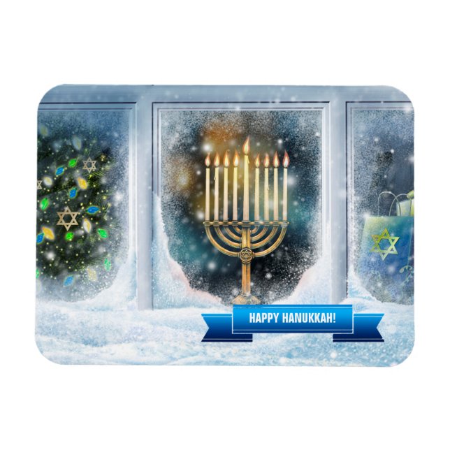 Ímã Feliz Hanukkah. Cena de Neve com Menorah (Horizontal)