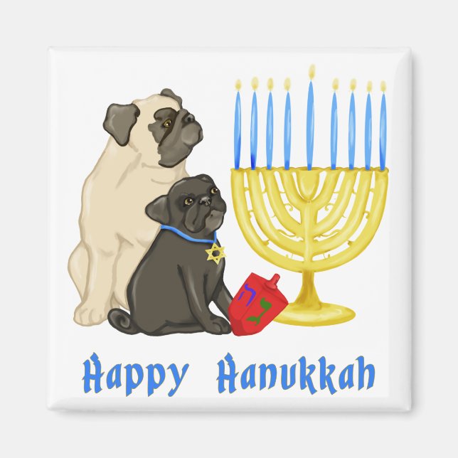 Imã Feliz Hanukkah Pug e Menorah Magnets (Frente)