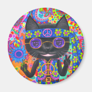 Imã Feliz Hippie Cat Óculos escuros Sinal de paz Flor