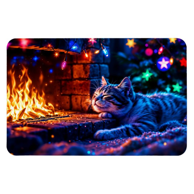 Ímã Feliz lareira de gato Feliz Natal (Horizontal)