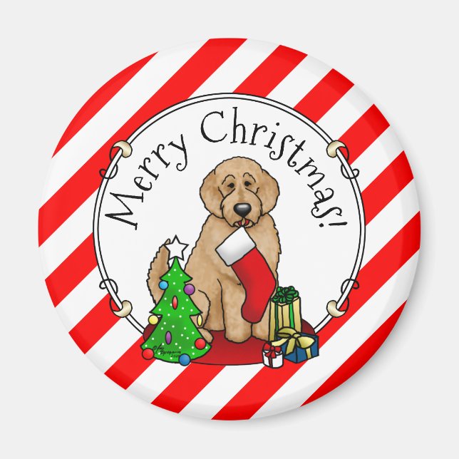 Imã Feliz Natal 2 Goldendoodle (ouro vermelho) (Frente)