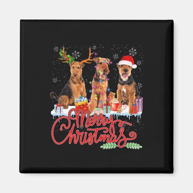 Imã Feliz Natal Airedale Terrier Papais noeis Reindeer (Frente)