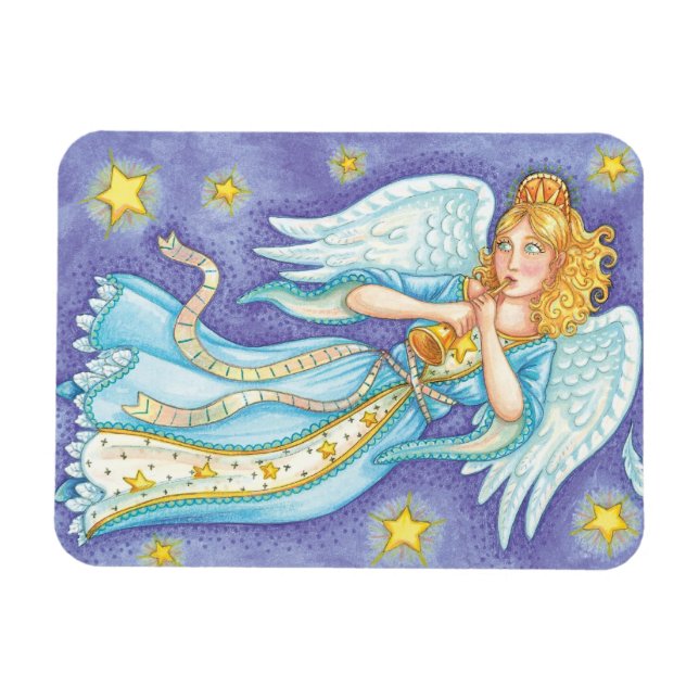 Ímã Feliz Natal, Anjo Músico Tocando Seu Corno (Horizontal)