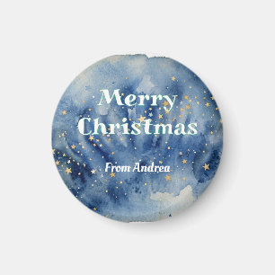 Imã feliz natal azul branco estrelas aquarela amarelo